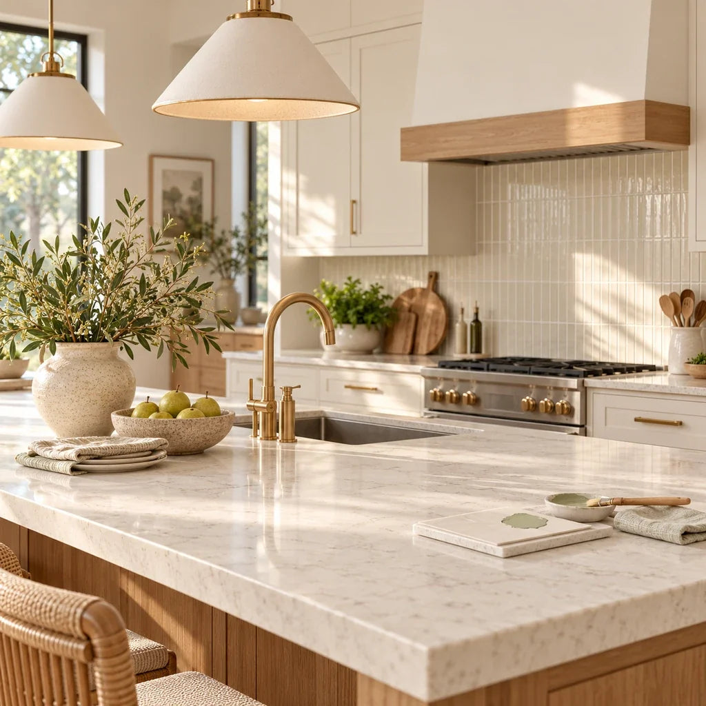 A small paint compatibility test sits discreetly in a bright, custom-designed kitchen.