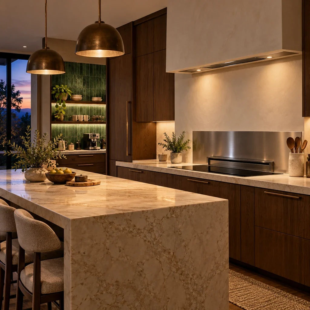 A distant green wall accent sits apart from the clear protection zone around a downdraft cooktop.
