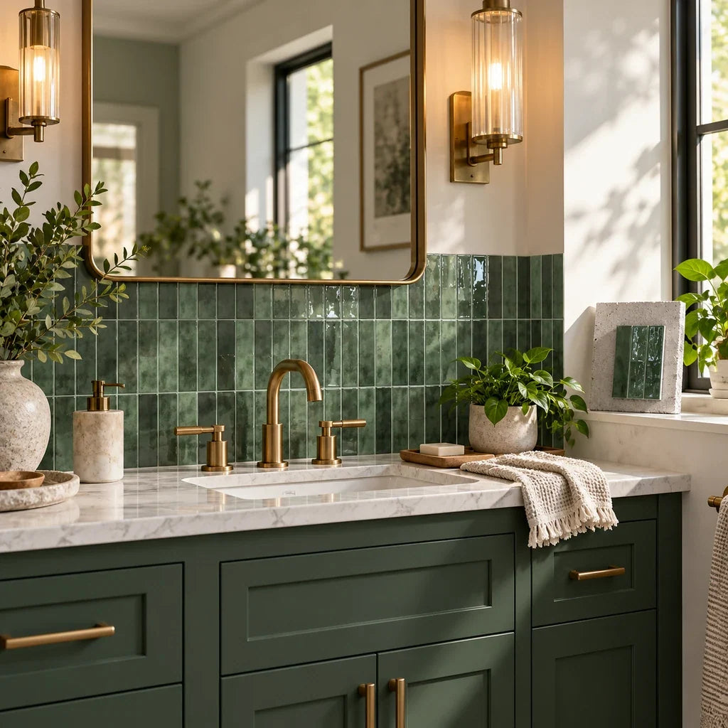 A small cement-board test sample accompanies a polished green-and-stone guest bathroom.