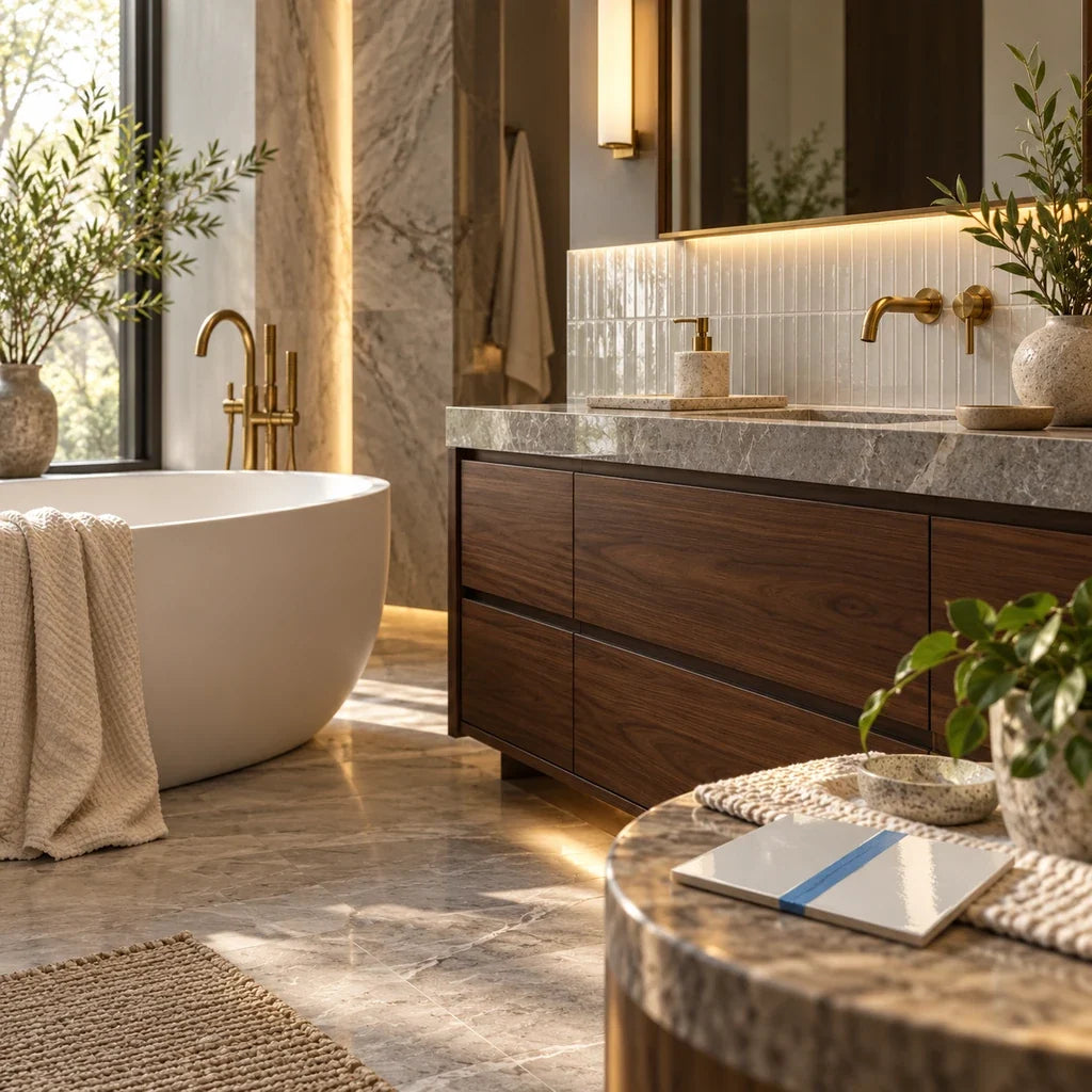 A subtle clear-coat test is shown beside a refined silver backsplash in a spa-like bathroom.
