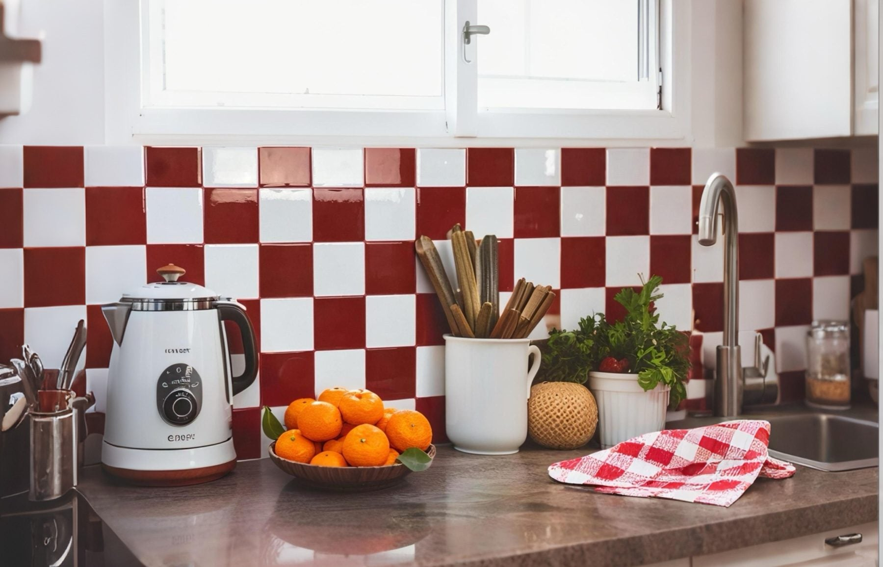 Stickwoll Peel and Stick Bohemian Tiles series displayed in a minimalist kitchen; featuring Indigo Nomad Tiles, styled with a green apple and flowers in a paper bag for a fresh and modern decor vibe