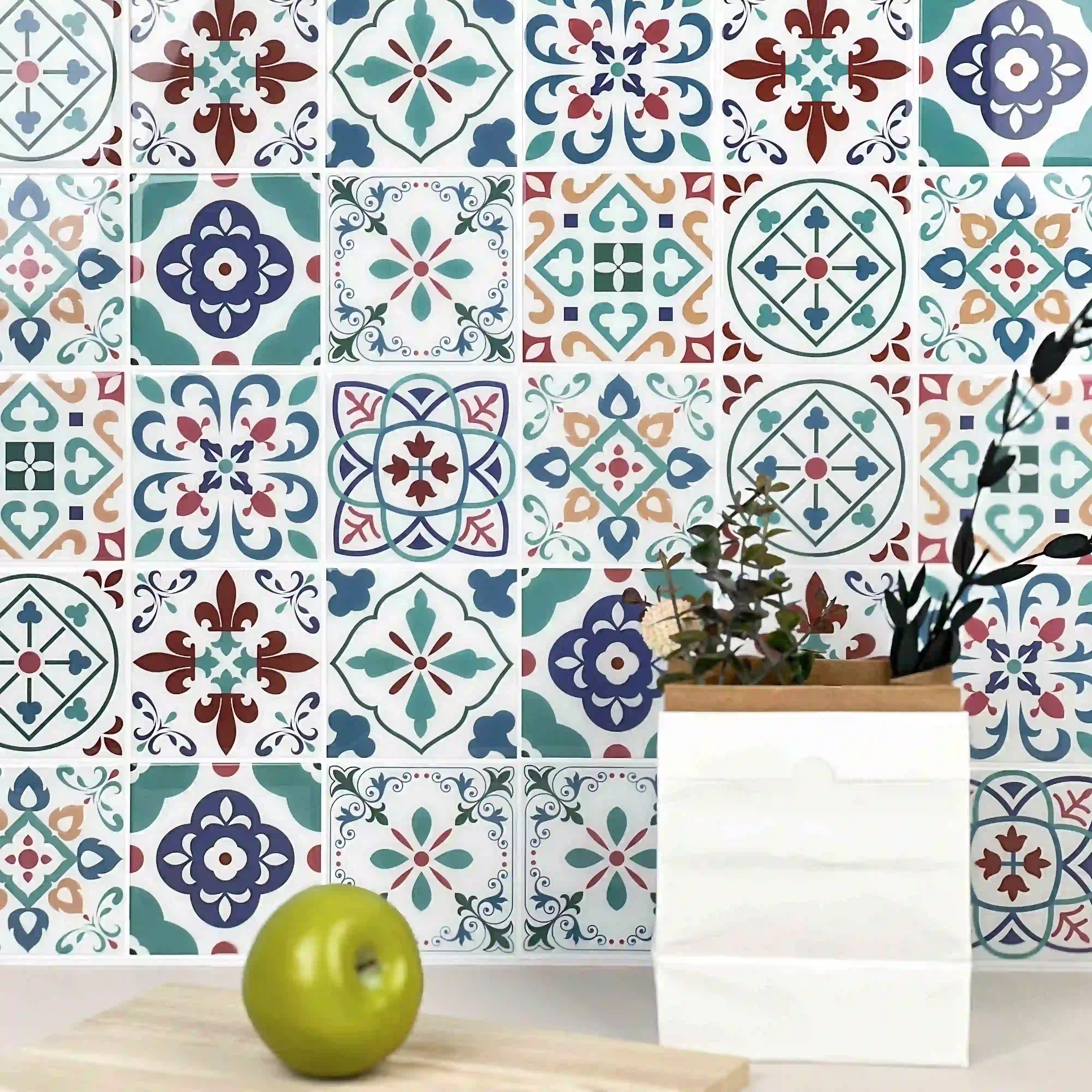 Stickwoll Peel and Stick Bohemian Tiles series displayed in a minimalist kitchen; featuring Indigo Nomad Tiles, styled with a green apple and flowers in a paper bag for a fresh and modern decor vibe