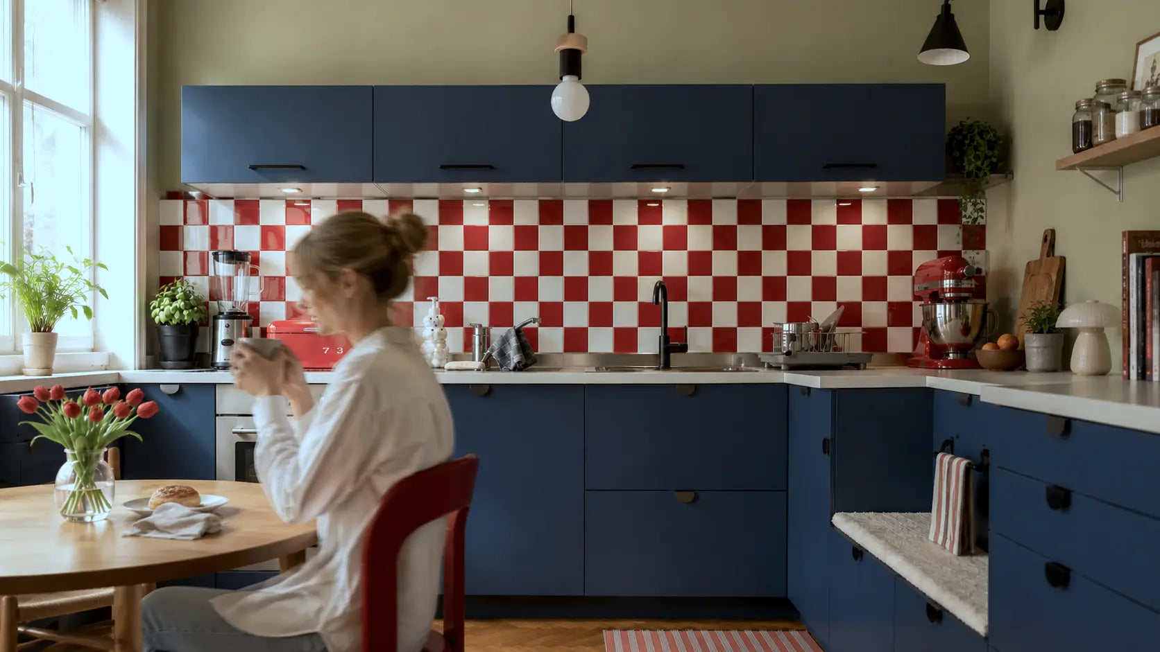 Crimson Horizon peel and stick tiles kitchen backsplash, glossy red and white checkerboard tiles, bright Scandinavian kitchen with blue cabinets and dining area
