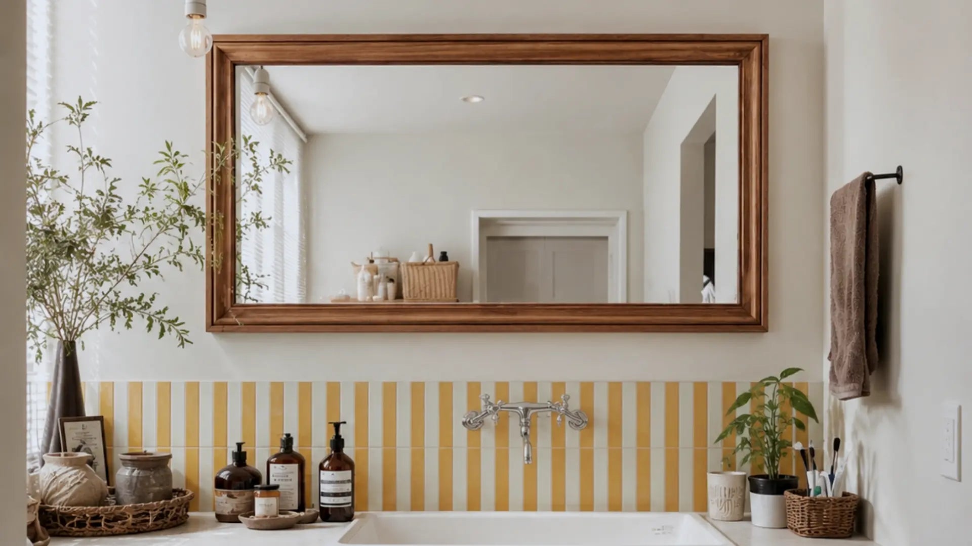 Lemon Zest peel and stick tiles bathroom wall backsplash, glossy yellow striped tiles, cozy Scandinavian bathroom vanity with mirror and decorative accessories