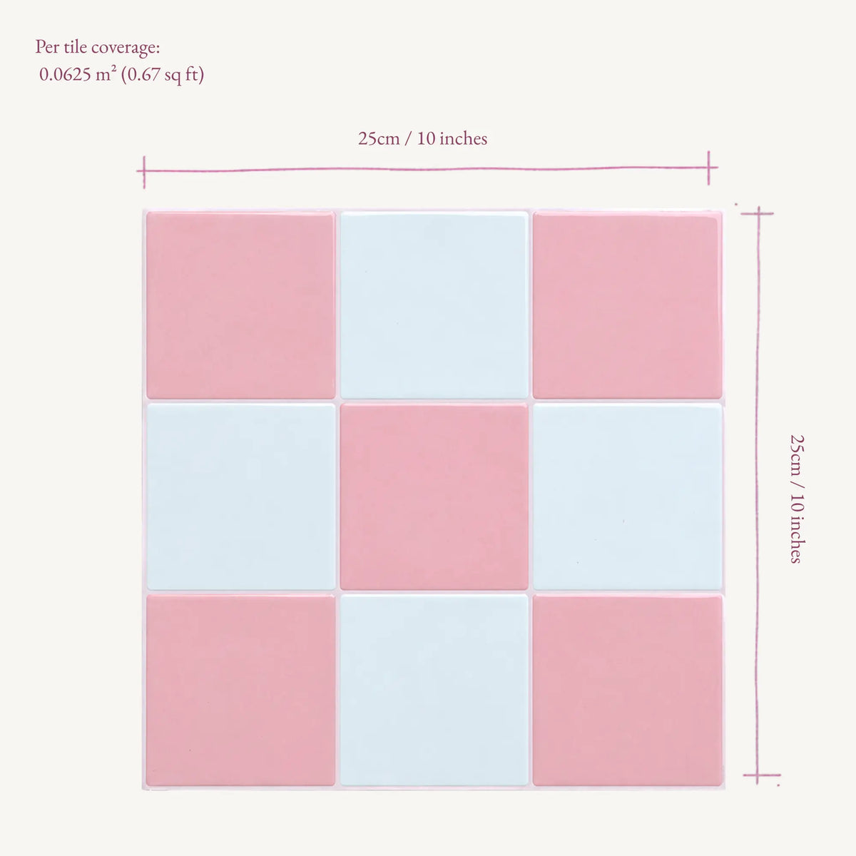 Peach Shore pink and white checkerboard peel and stick wall tile sheet with size and dimensions