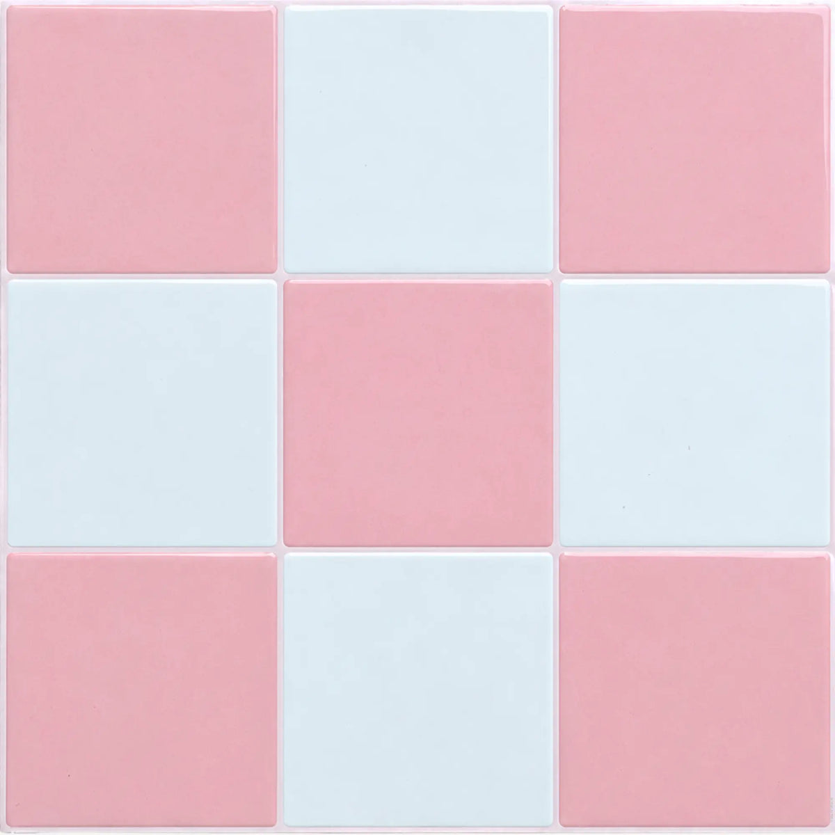 Stickwoll Peach Shore pink and white checkerboard peel and stick wall tiles with a soft pastel finish