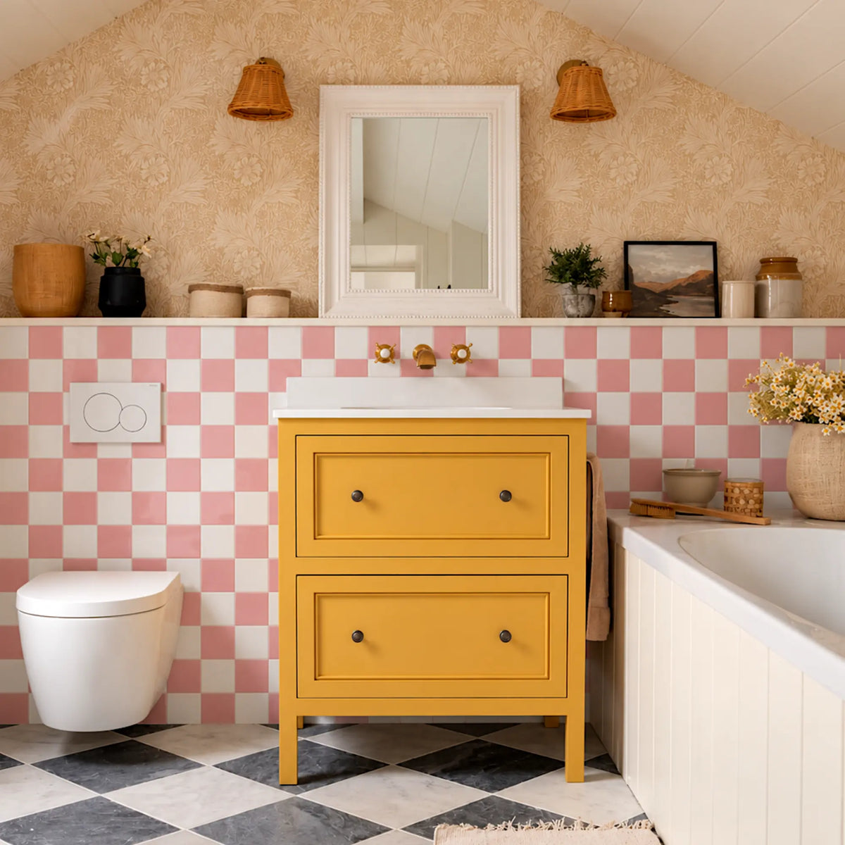 Retro bathroom with Peach Shore pink and white checkerboard peel and stick wall tiles, yellow vanity and checkered floor
