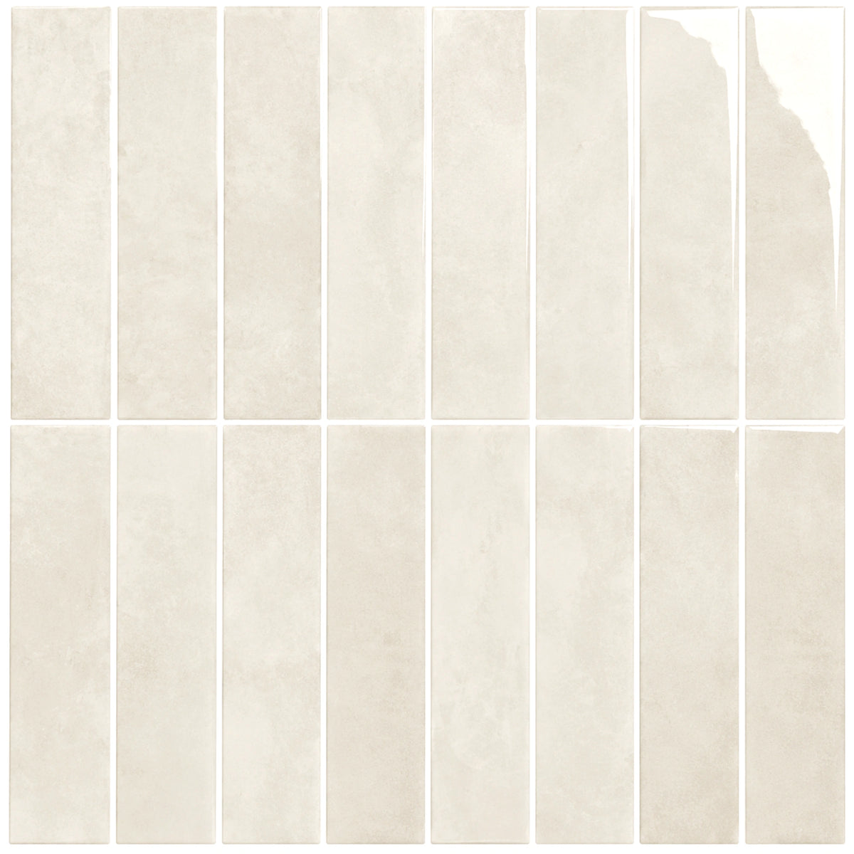 Close-up of STICKWOLL Almond Elixir glossy beige rectangular tiles with subtle color variations and a handmade look.