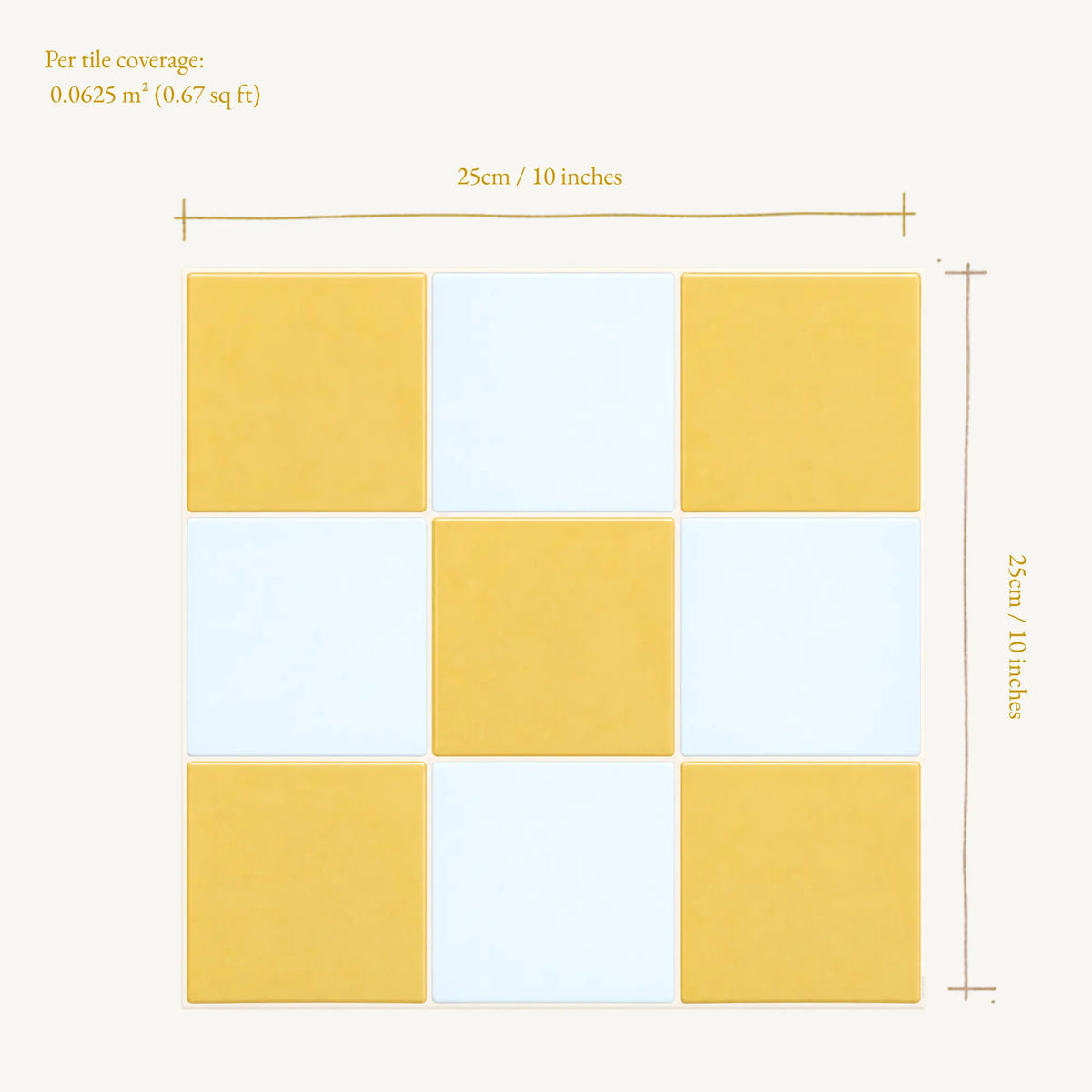 Primrose Courtyard yellow and white checkerboard peel and stick tile sheet with dimensions