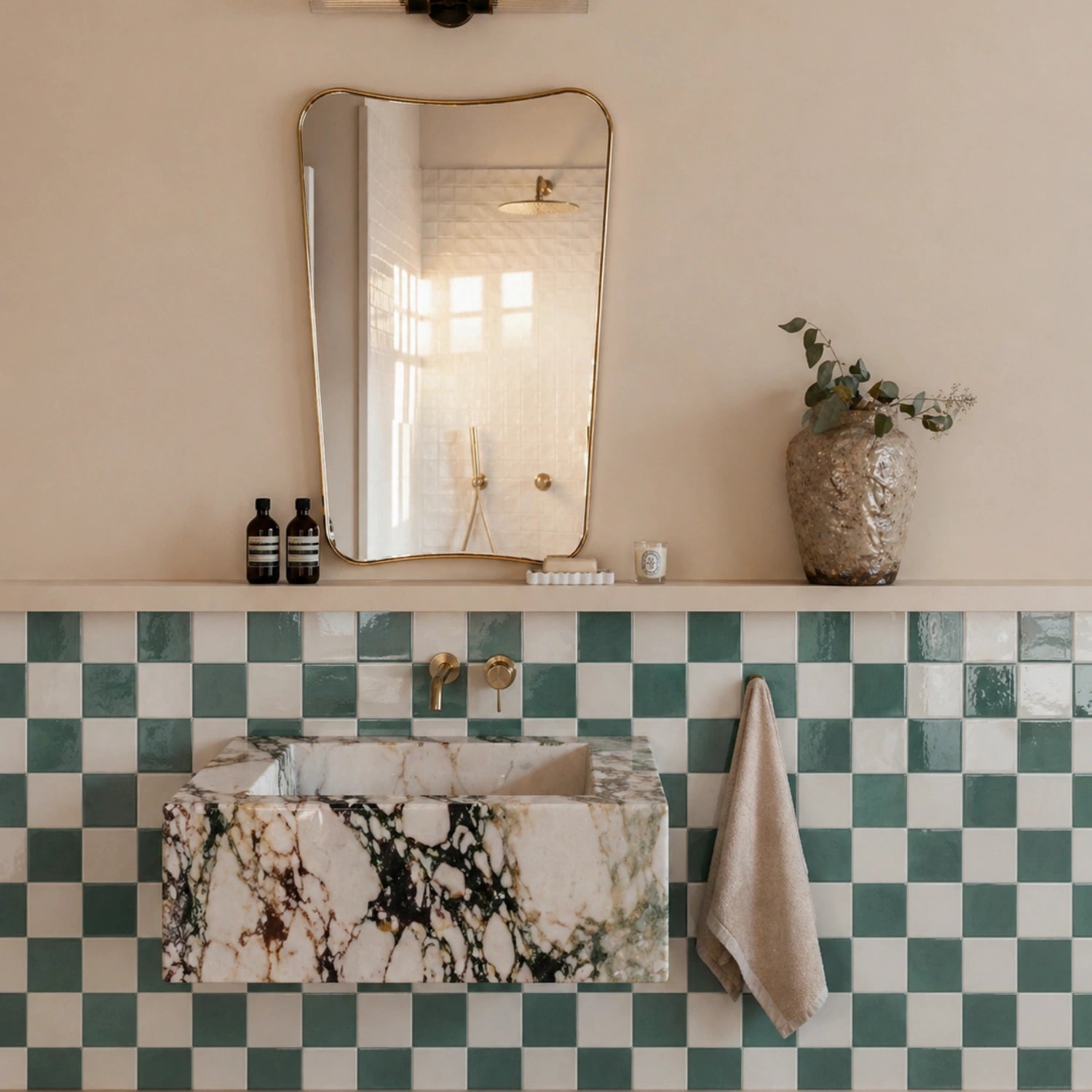 green and white checkerboard peel and stick tiles bathroom backsplash, vanity mirror setup, soft warm lighting, glossy ceramic tiles