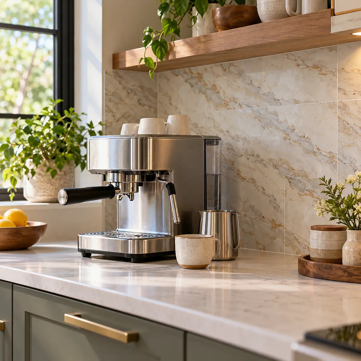 Peel-and-Stick Backsplash Behind an Espresso Machine
