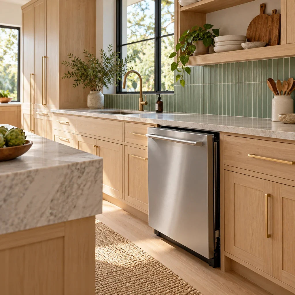 A dishwasher remains accessible beside a neatly finished backsplash in a bright custom kitchen.