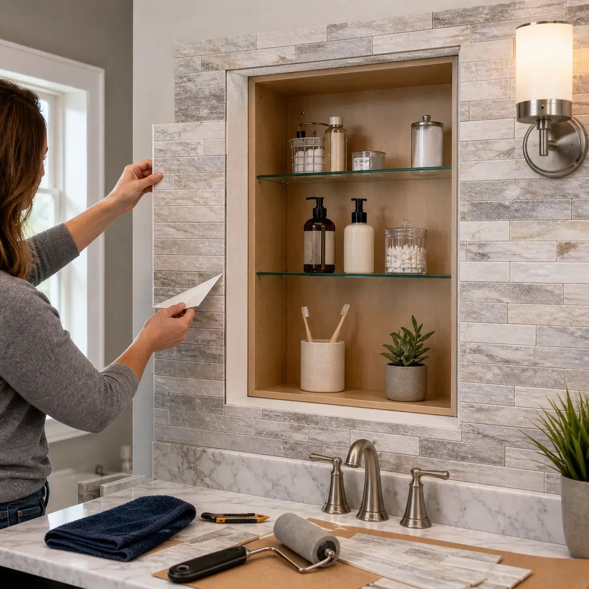 How to Tile Around a Recessed Medicine Cabinet with Peel-and-Stick Tile