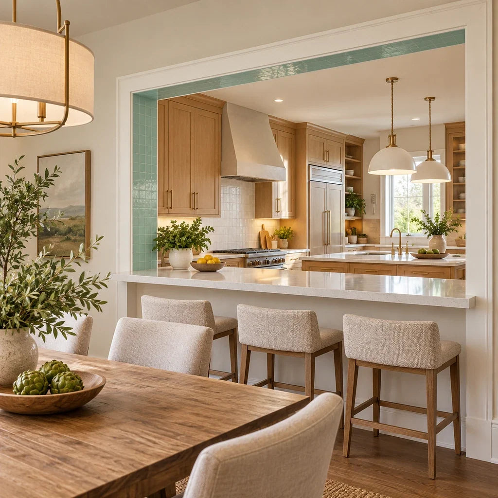 A sea-glass accent neatly finishes the return of a pass-through between a dining room and custom kitchen.
