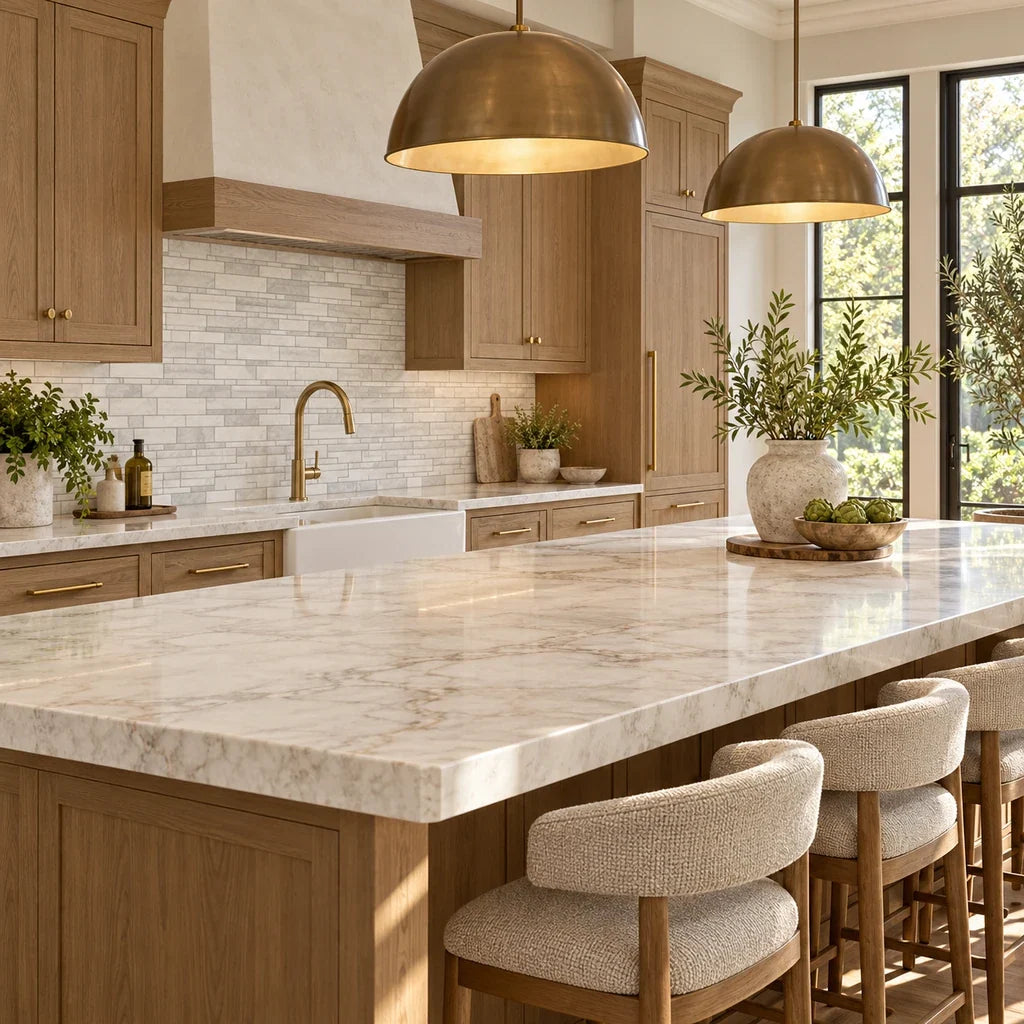 A refined kitchen shows an uninterrupted stone countertop and a restrained ivory backsplash.