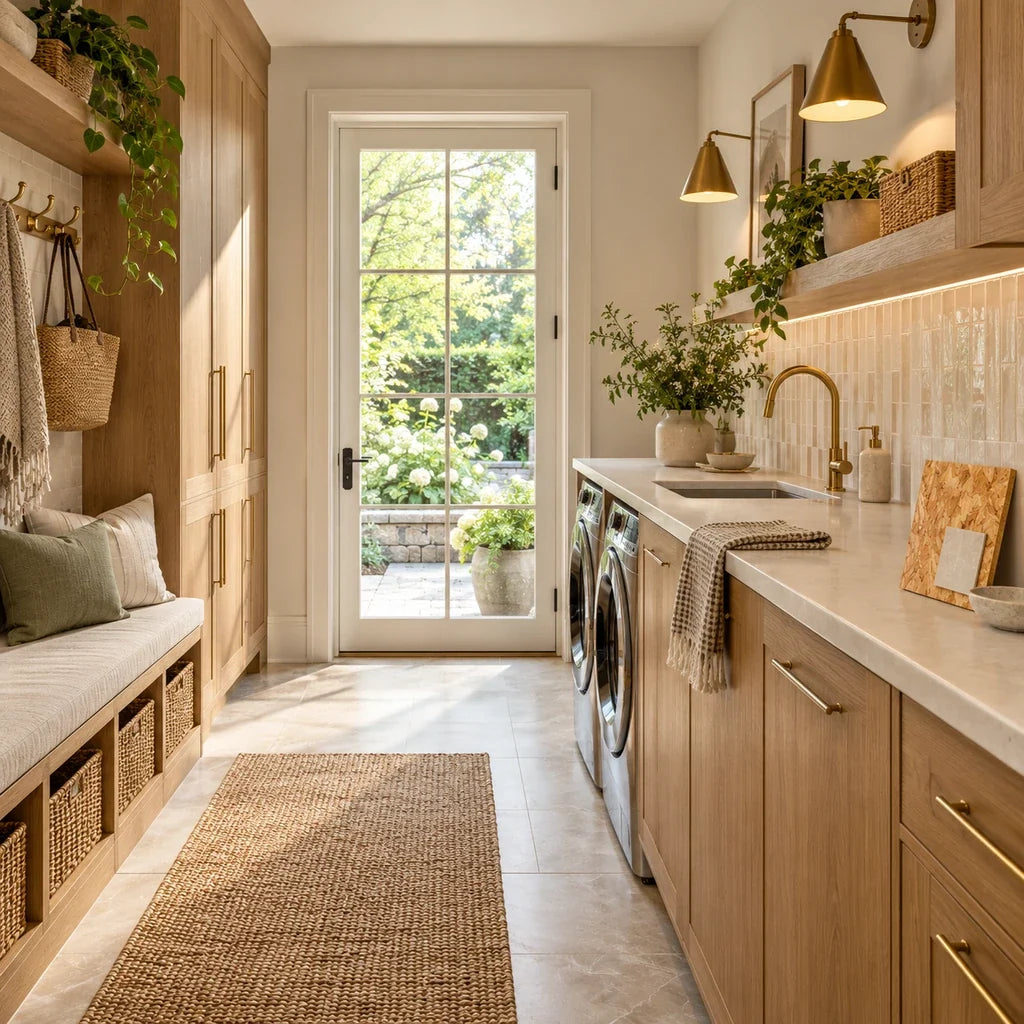 A small OSB bond-test sample rests in a polished oak mudroom-laundry.