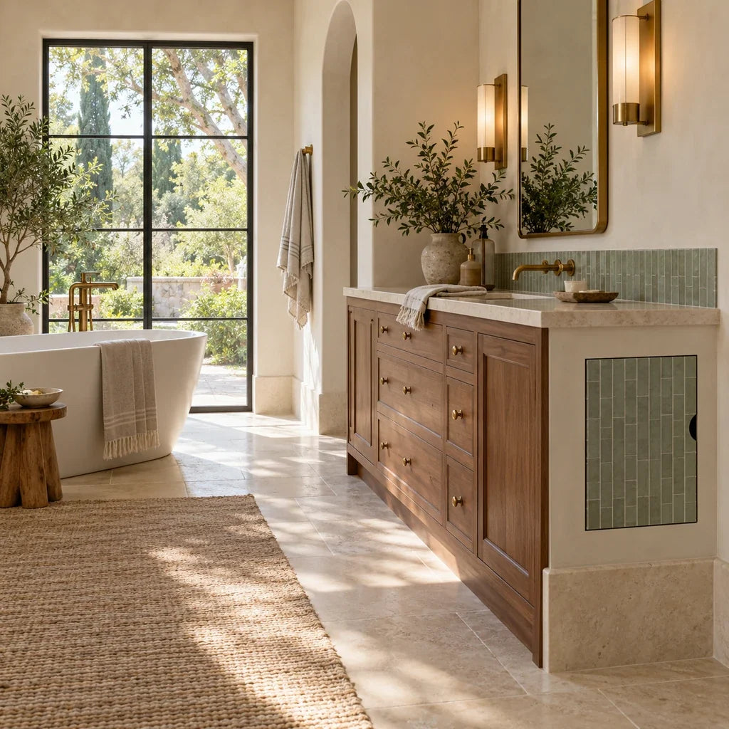 A discreet removable service hatch is integrated into a small Stickwoll accent in a refined bathroom.