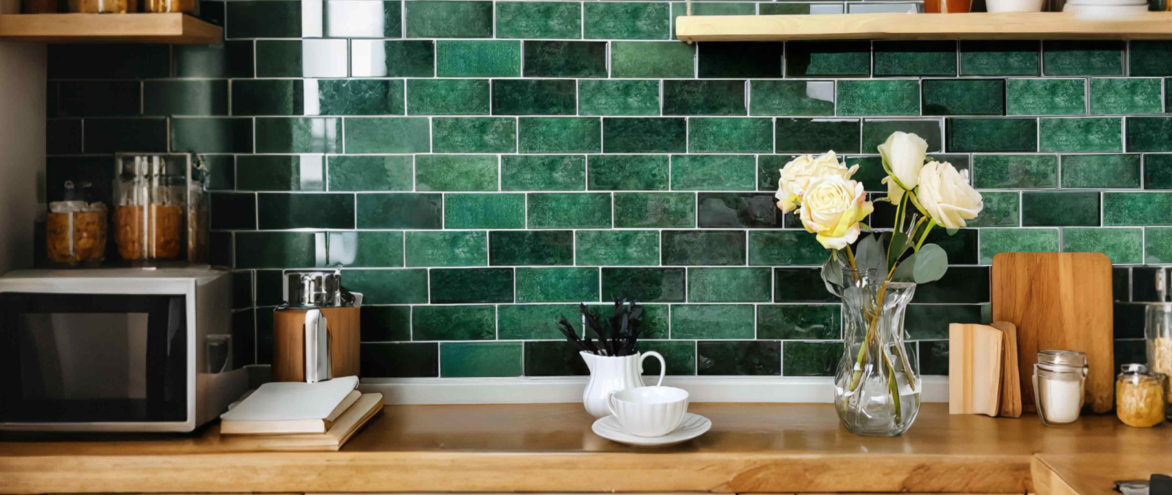 Stickwoll Peel and Stick Subway Wall Tiles series in a modern American kitchen; featuring Leafy Dreams Tiles on the wall, styled with a set of cups and a rose-filled vase for a chic and inviting decor