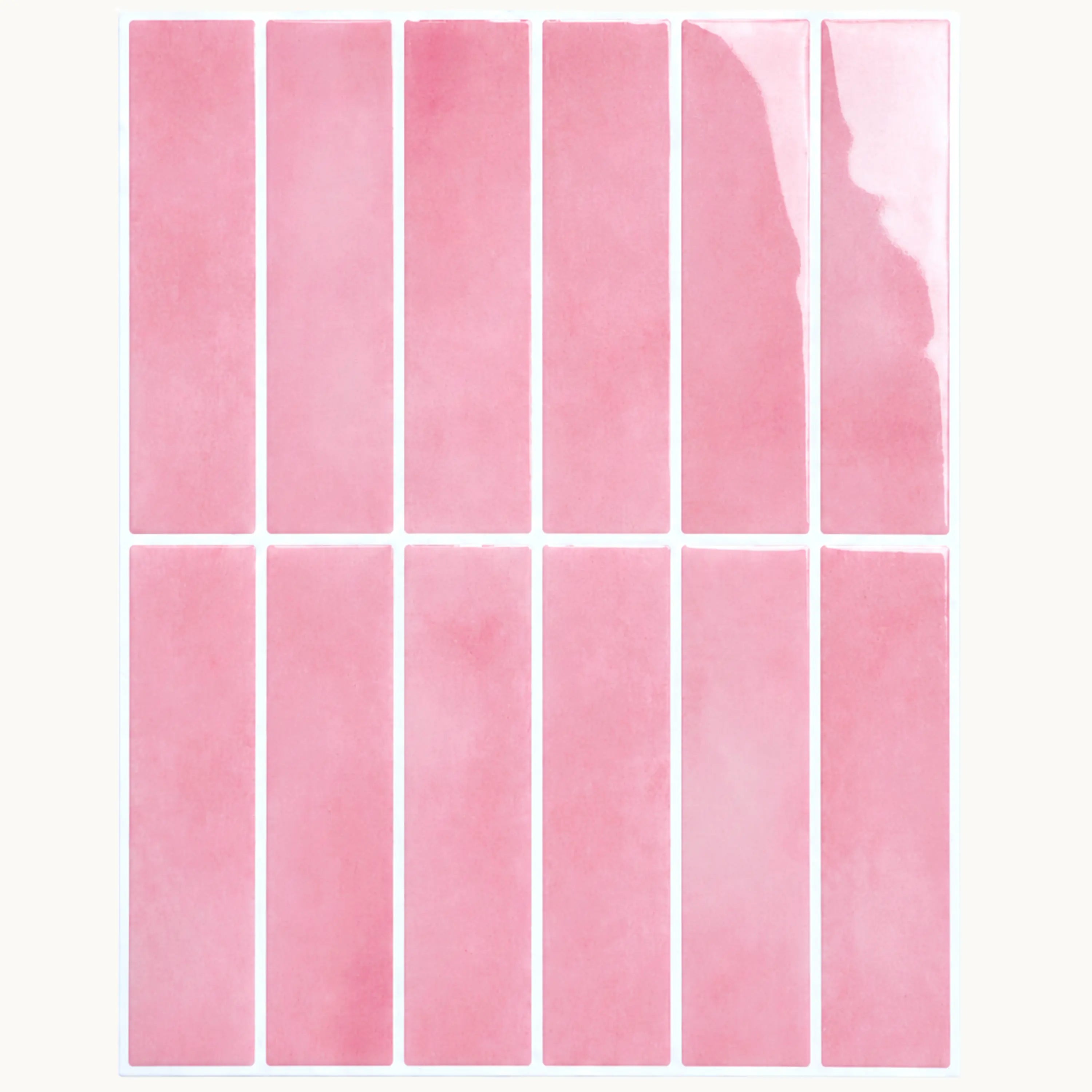 Close-up of a Blush Petals pink peel-and-stick tile sheet with glossy vertical tiles and clean white grout lines