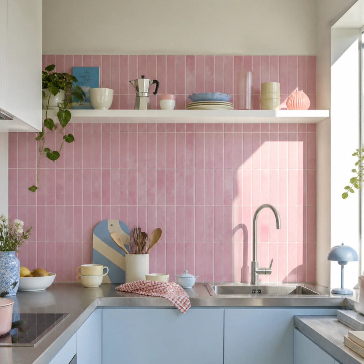 Blush Petals peel and stick tiles kitchen backsplash, glossy soft pink subway tiles, pastel Scandinavian kitchen with natural daylight