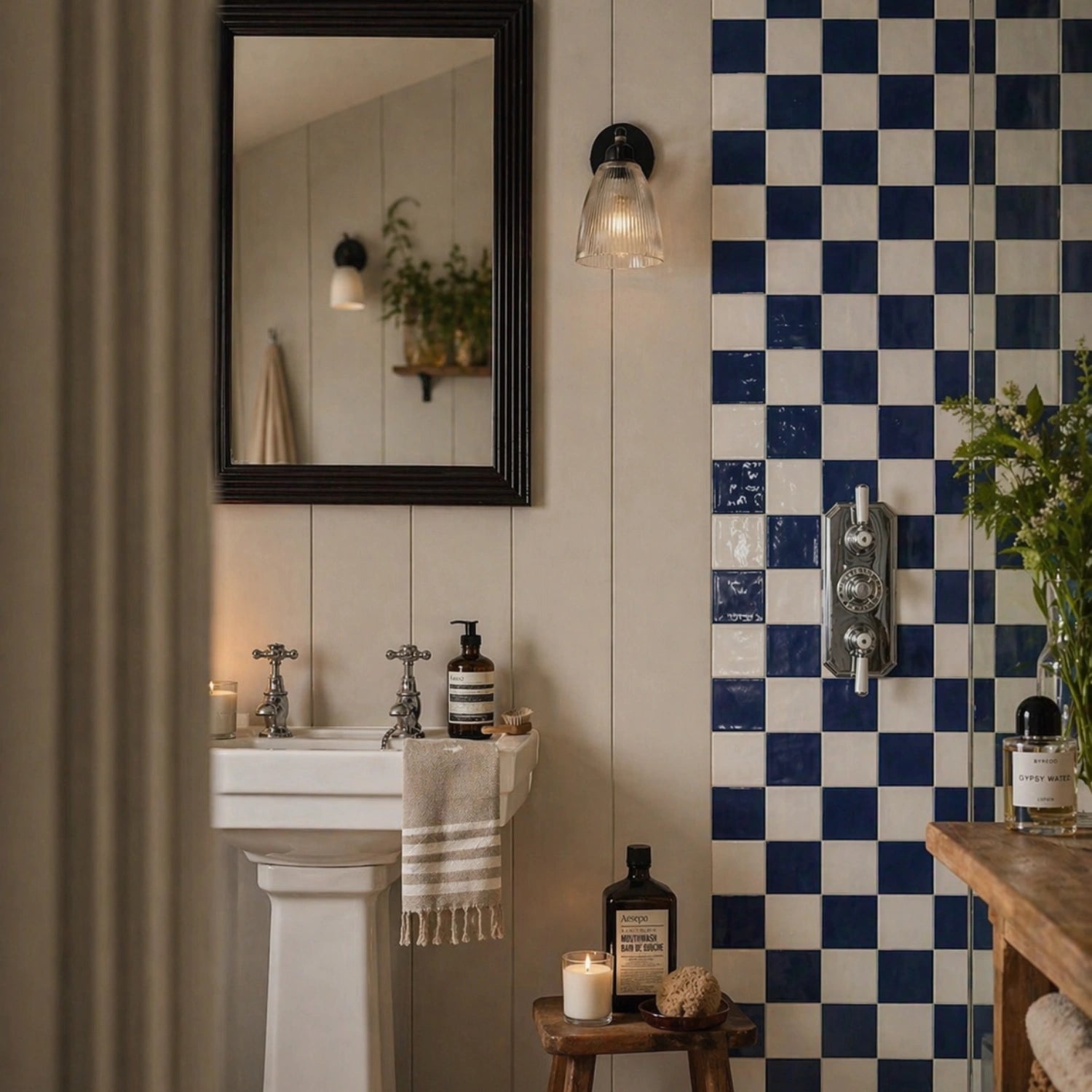 blue and white checkerboard peel and stick tiles bathroom wall, glossy ceramic look, Scandinavian vanity setup, natural warm lighting
