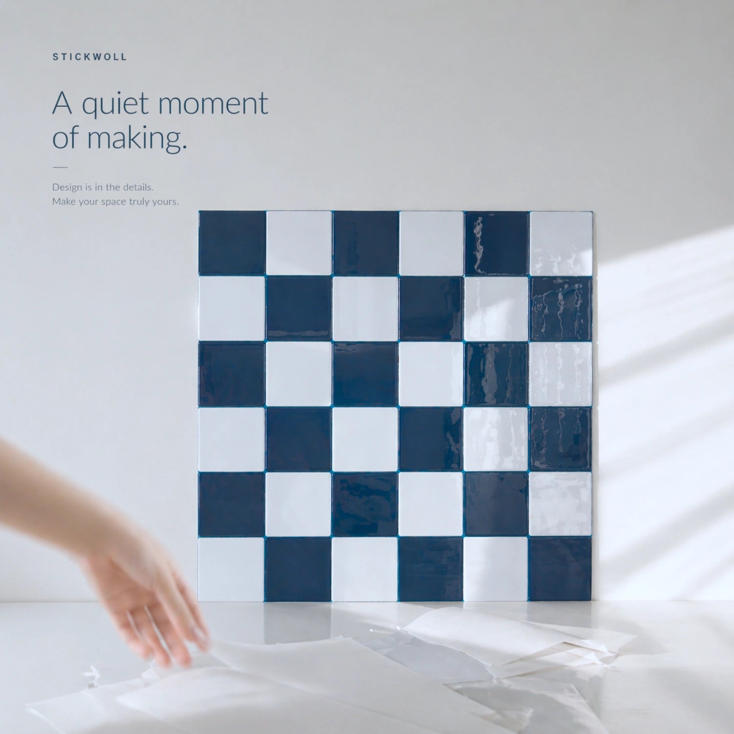 blue and white checkerboard peel and stick tiles product display, DIY installation scene, modern home wall decor, clean aesthetic