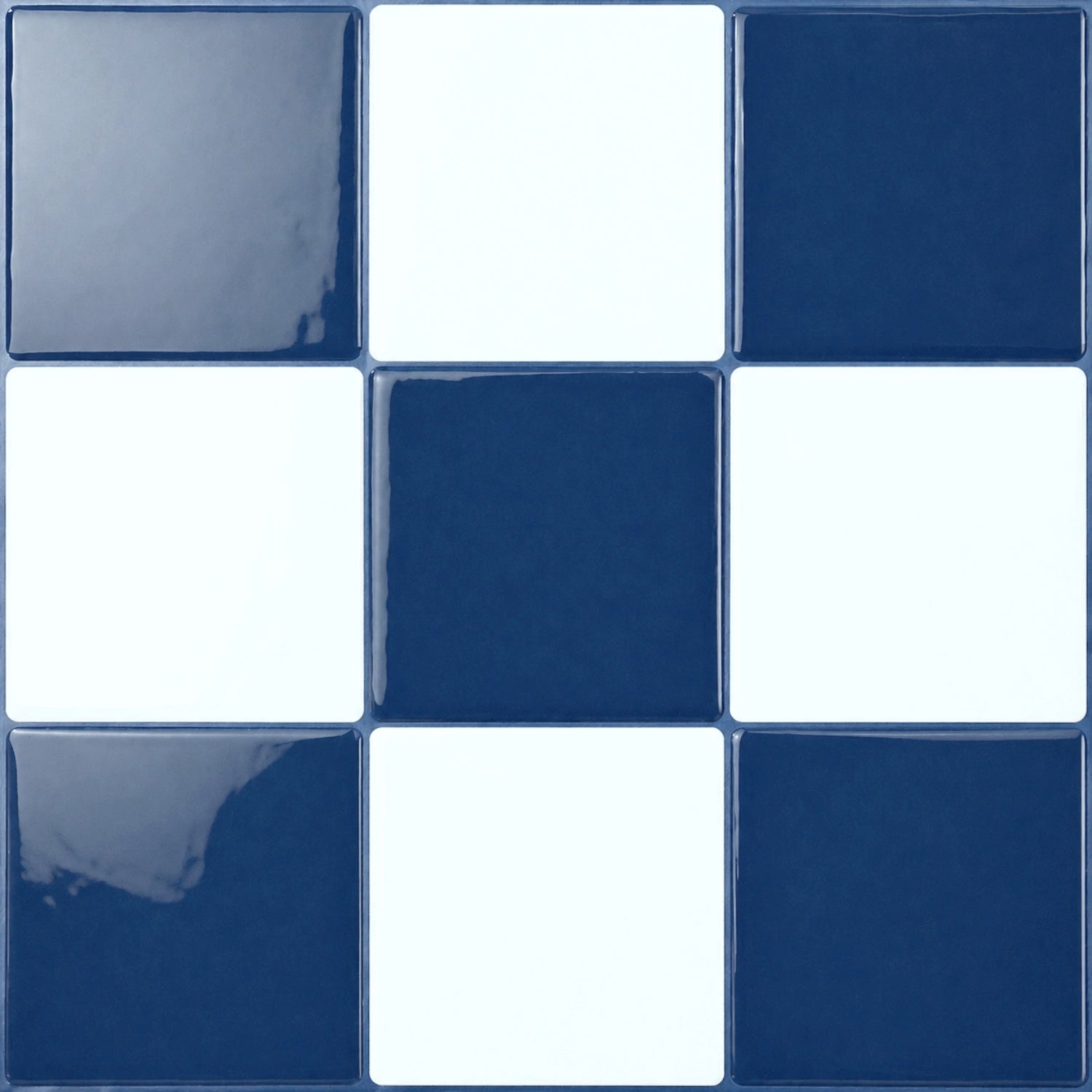 blue and white checkerboard tile close up, glossy ceramic surface, smooth glaze texture, high contrast checker pattern detail