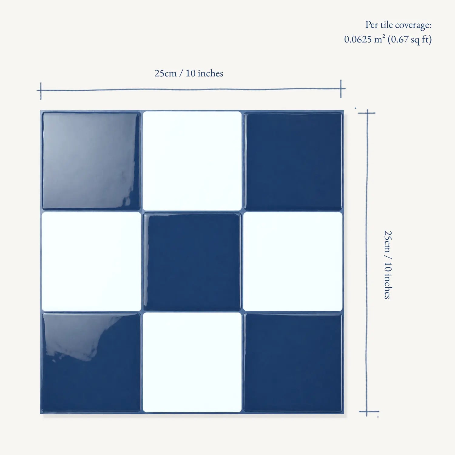 Blue and white tiles arranged in a grid with dimensions and coverage information.