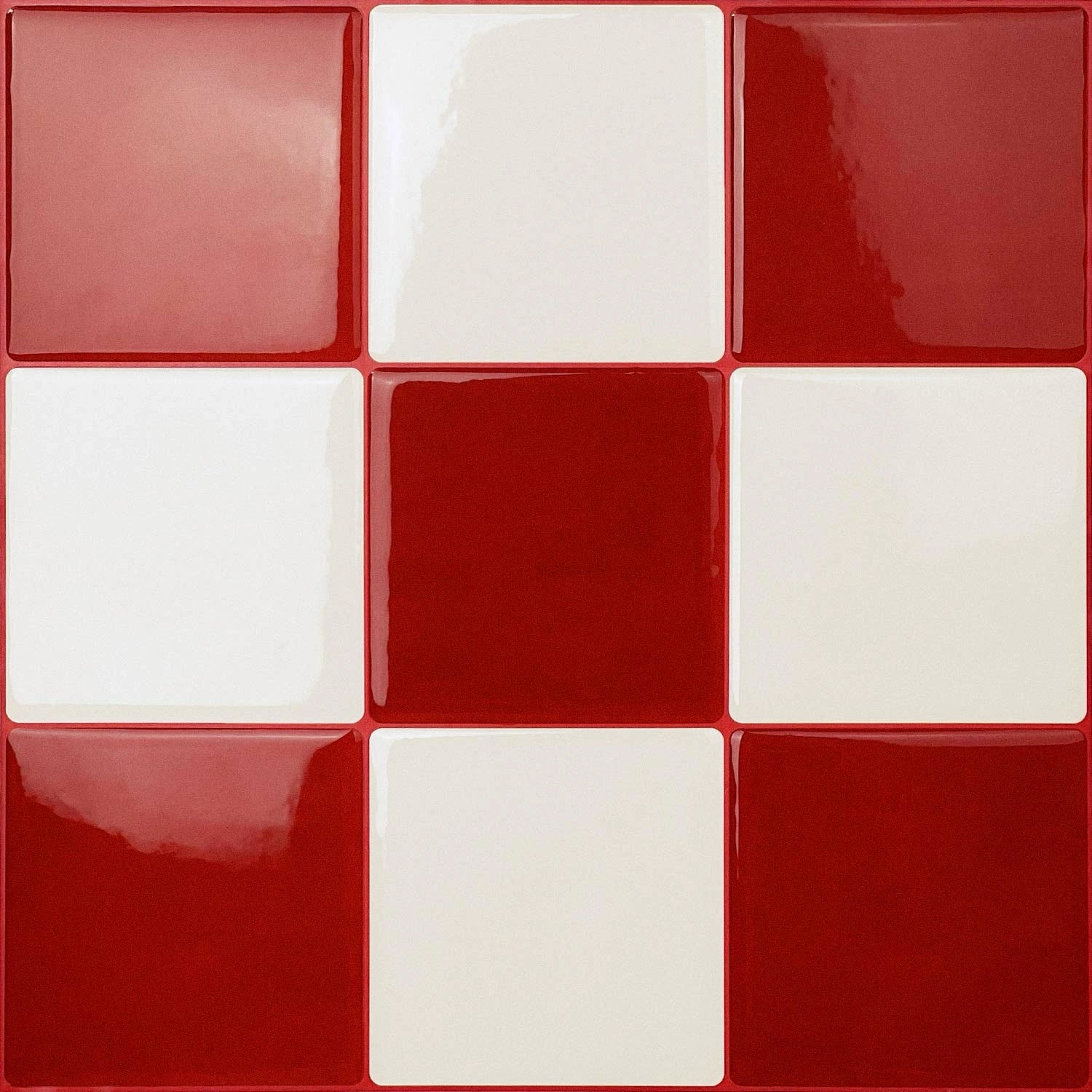 red and white checkerboard tile close up, glossy ceramic surface, smooth glaze finish, high contrast checker pattern detail