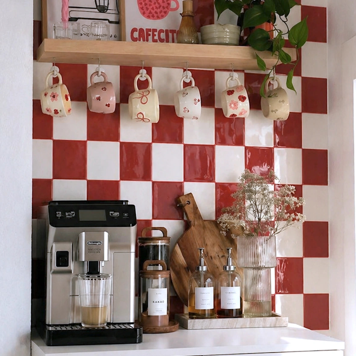 red and white checkerboard peel and stick tiles coffee corner, glossy ceramic look backsplash, cozy Scandinavian cafe station with espresso machine and wooden shelf decor