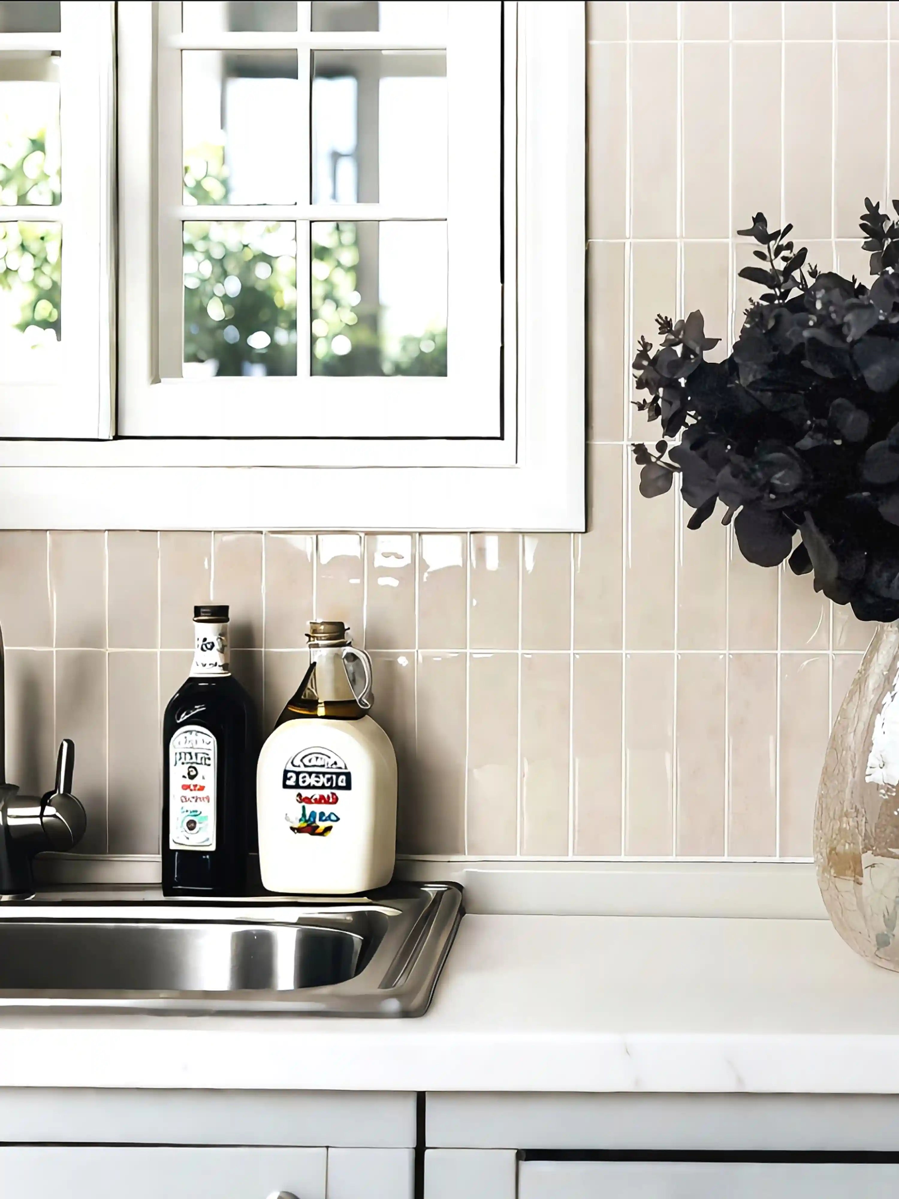 Stickwoll Peel and Stick Gradient Strips Tiles series displayed in a minimalist kitchen; featuring Almond Elixir Tiles on the wall, styled with a brown vase holding greenery, two glass bottles, a sink, and a large window, and elegant decor