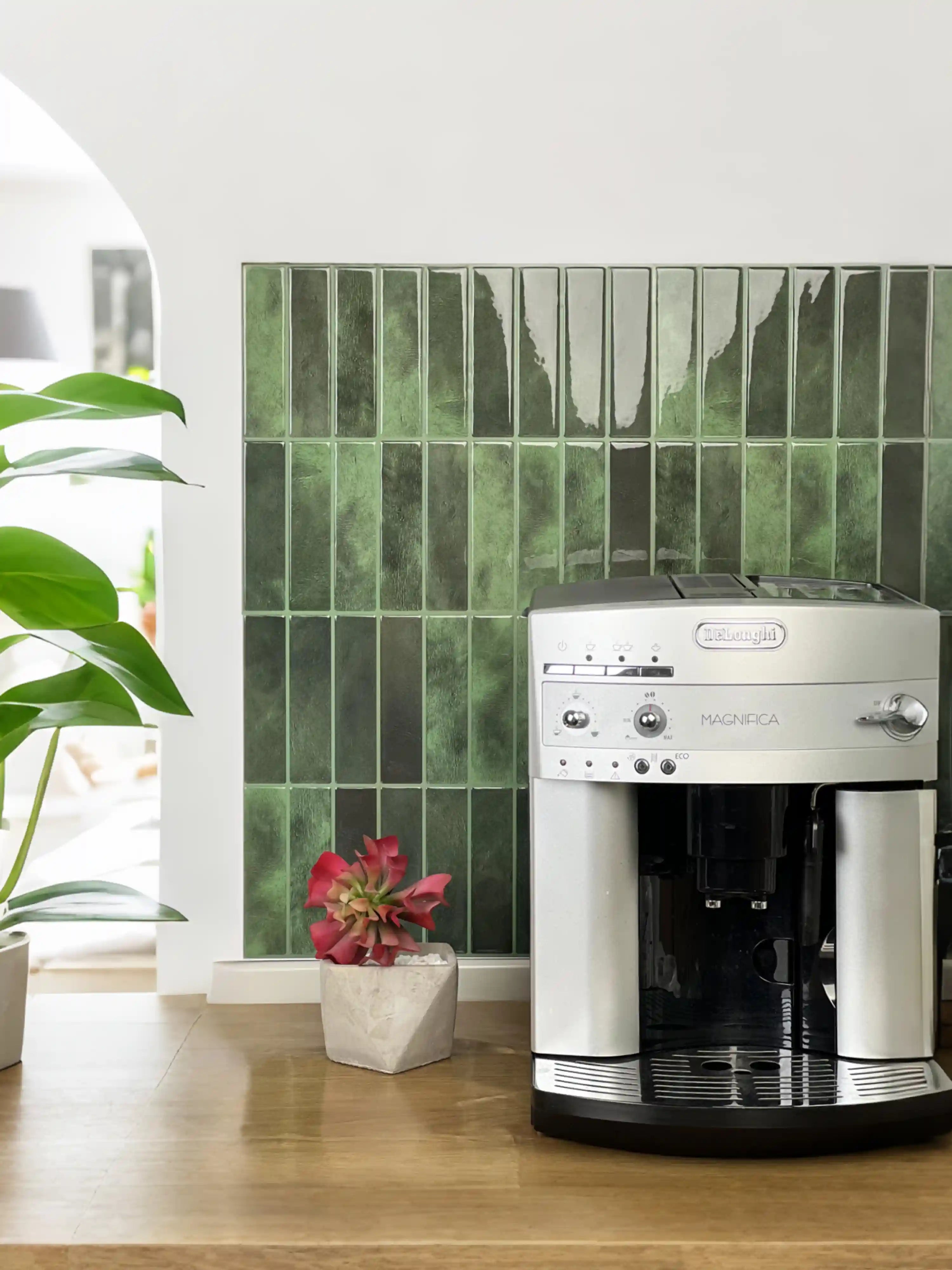 Stickwoll Peel and Stick Moroccan Tiles series displayed in a coffee corner setting; featuring Verdant Forest Tiles on the wall above a coffee machine, adding a stylish and functional touch to the space