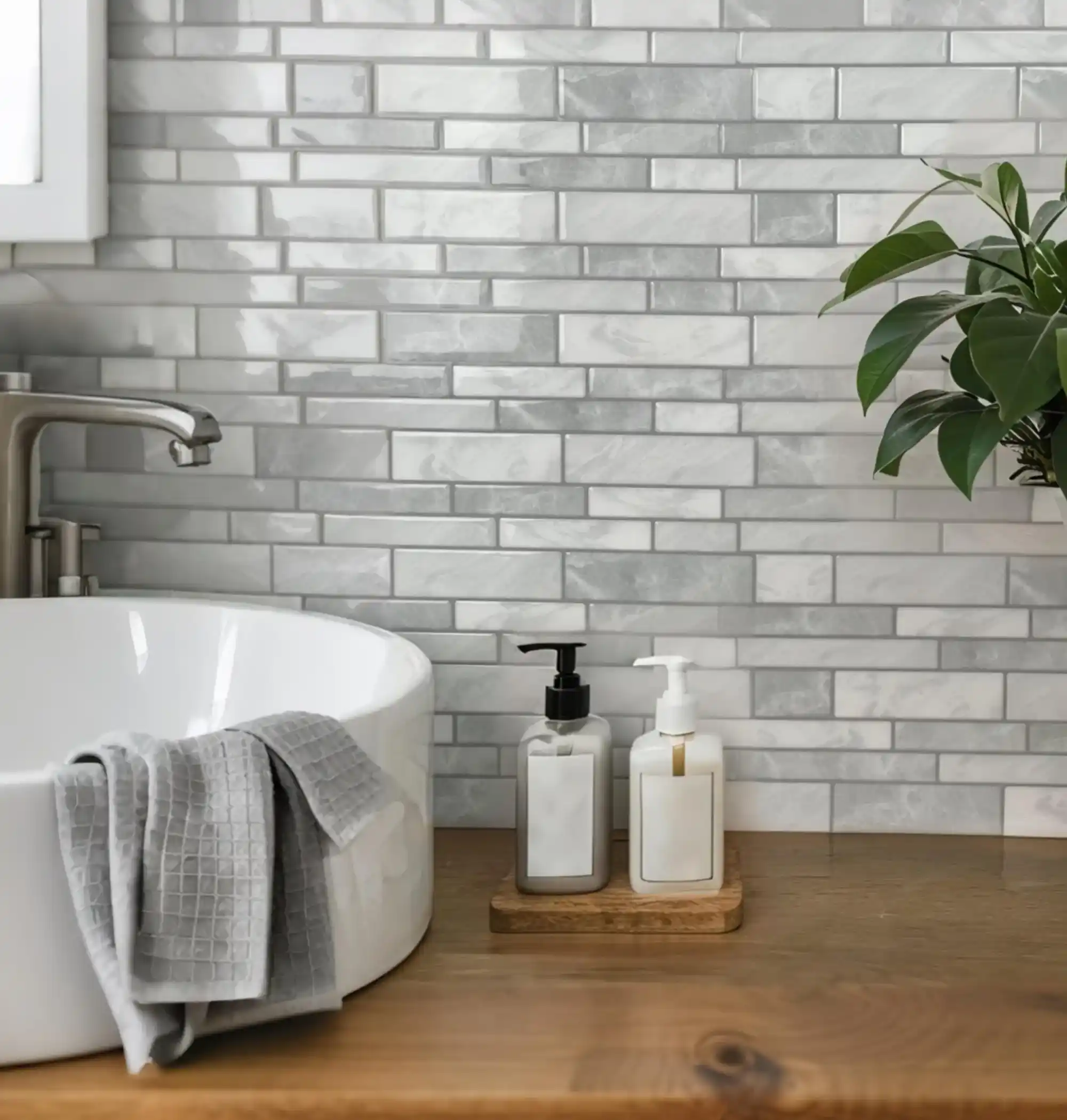 Stickwoll Tiles Luminous Mosaic - Mosaic Tiles Self-Adhesive Wall Tiles with Gray Mosaic Strip Design, Ideal for Wall Renovation, Waterproof, Eco-Friendly, and Easy to Apply