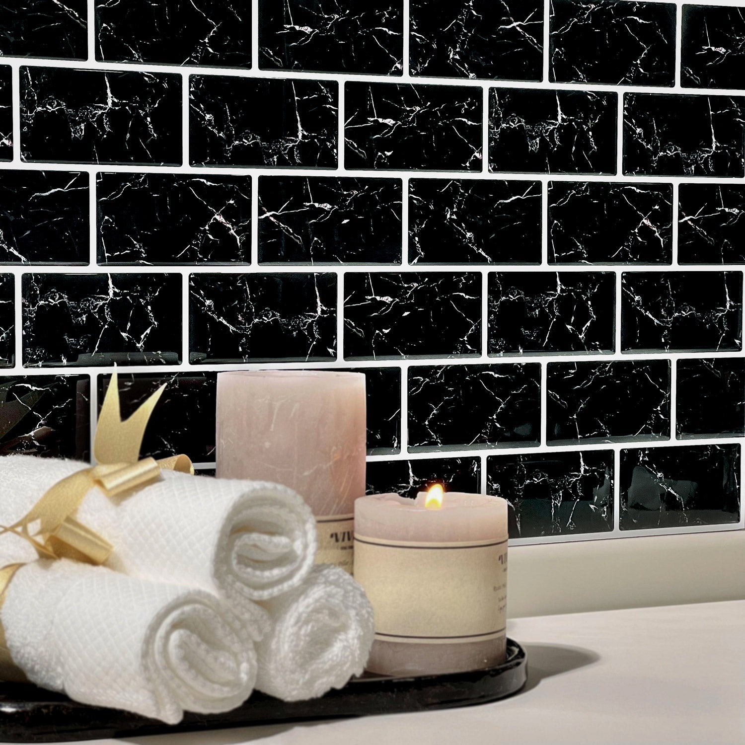 Stickwoll Black Marble Peel and Stick Tiles