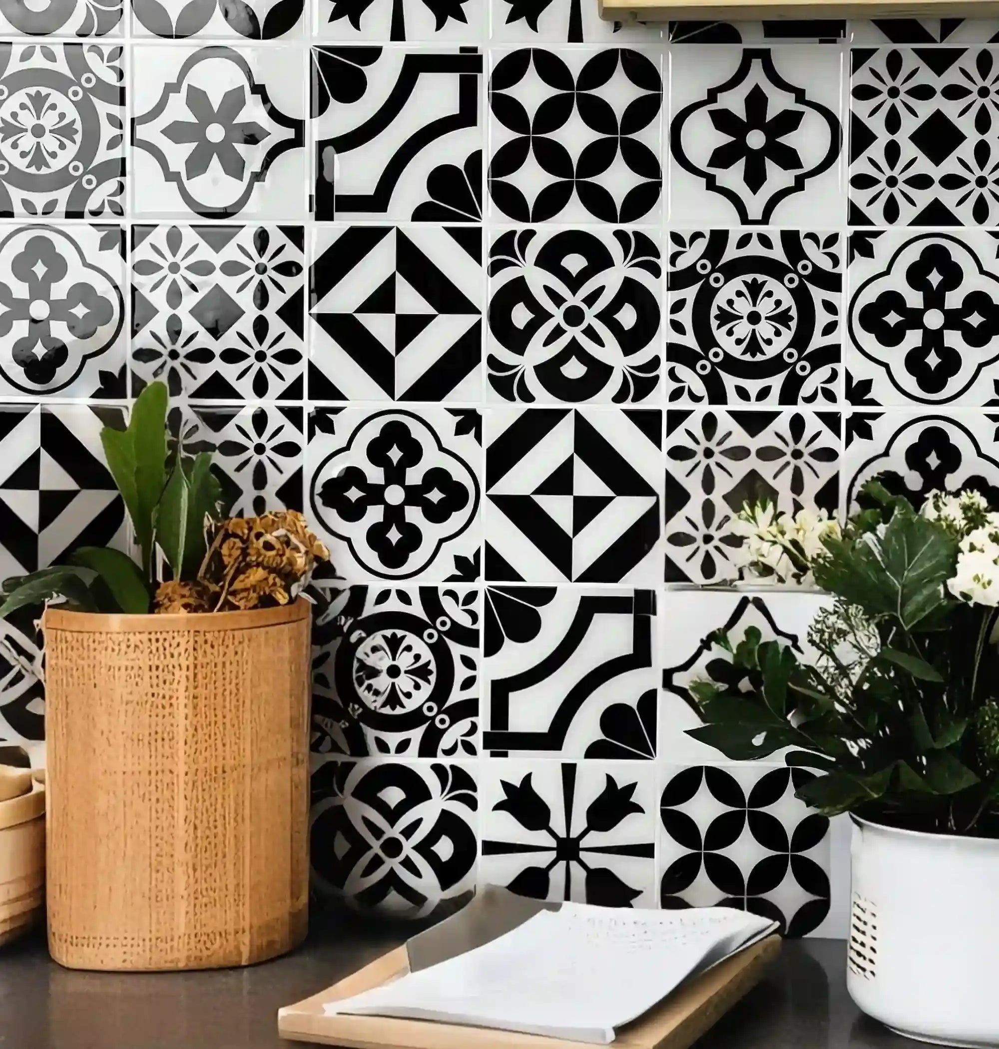 Stickwoll Tiles Chic Monochrome Drapes - Quadrant Tiles Self-Adhesive Wall Tiles with White and Black Pattern Design, Ideal for Wall Renovation, Waterproof, Eco-Friendly, and Easy to Apply