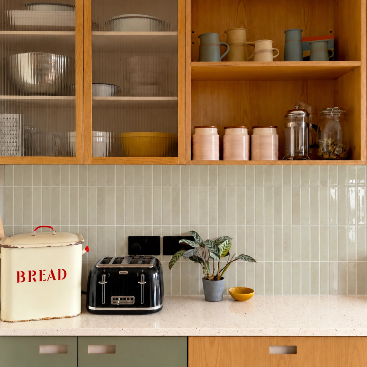 Warm wood kitchen featuring STICKWOLL Almond Elixir glossy beige backsplash tiles and cozy open shelving.