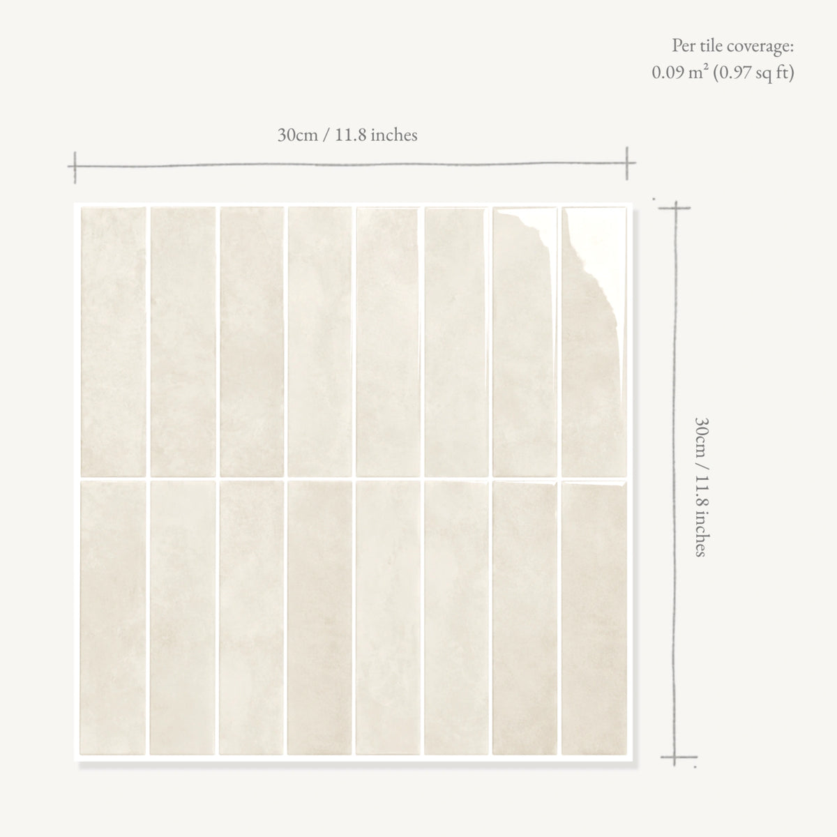 STICKWOLL Almond Elixir beige peel and stick backsplash tile sheet with glossy vertical rectangular tiles, 30 x 30 cm (11.8 x 11.8 inches), covering 0.09 m² (0.97 sq ft).