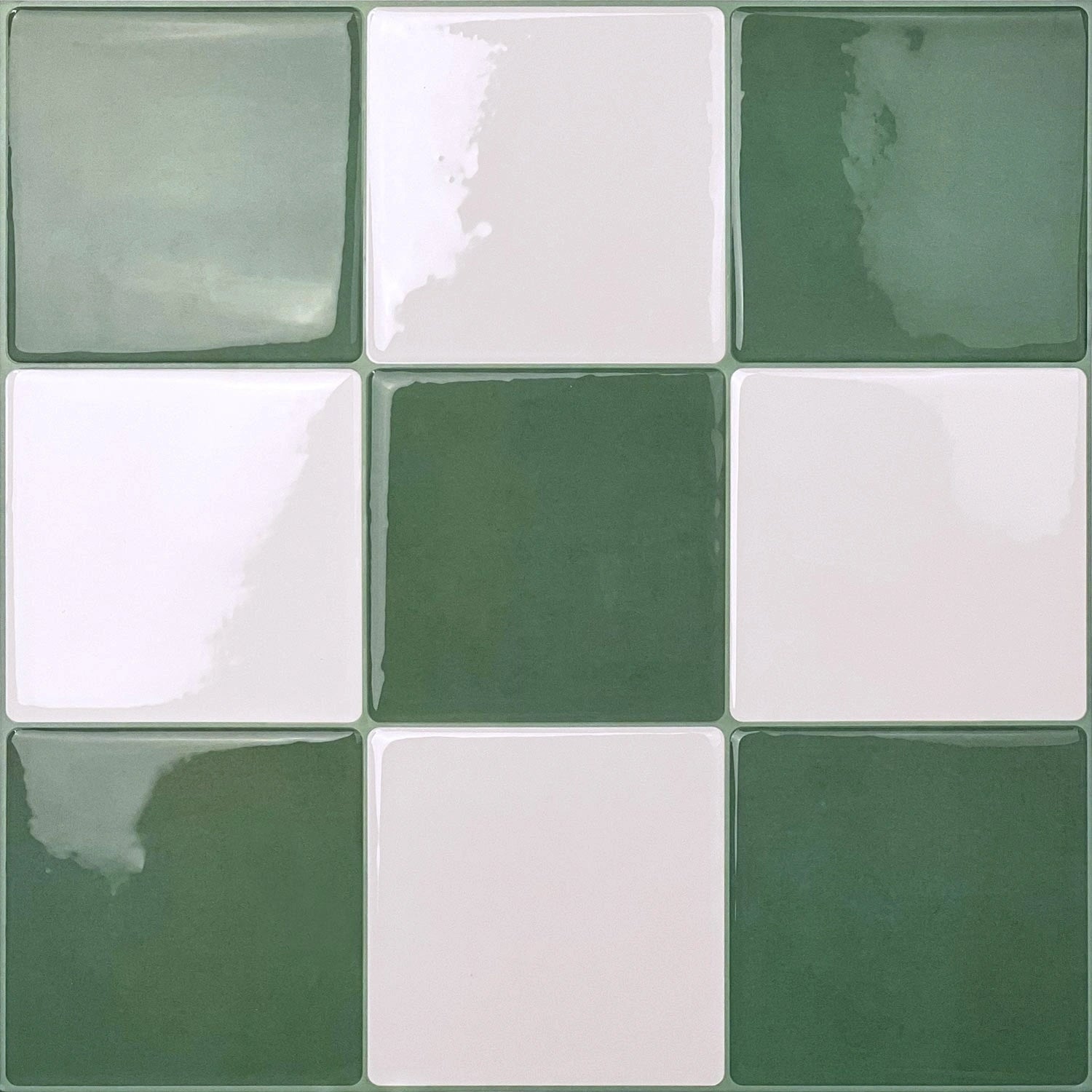 green and white checkerboard tile close up, glossy ceramic surface, smooth glaze texture, soft green tone checker pattern