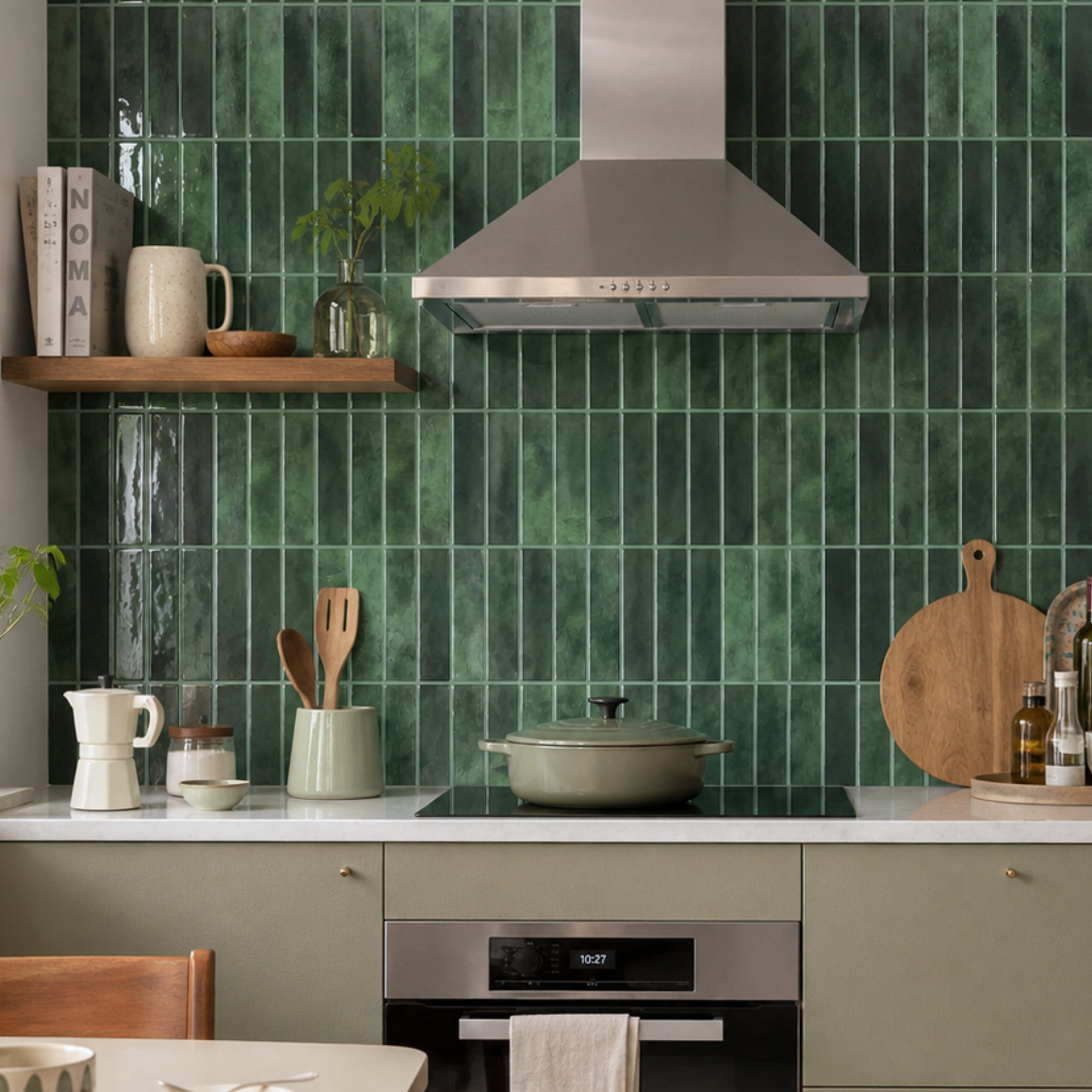 Verdant Forest peel and stick tiles kitchen backsplash, glossy dark green vertical subway tiles, modern Scandinavian kitchen with warm wood accents and natural light