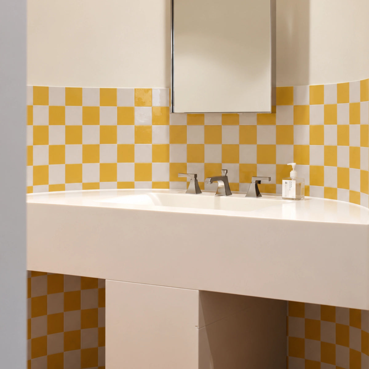 Minimalist bathroom with white vanity and Primrose Courtyard yellow and white peel and stick tile walls