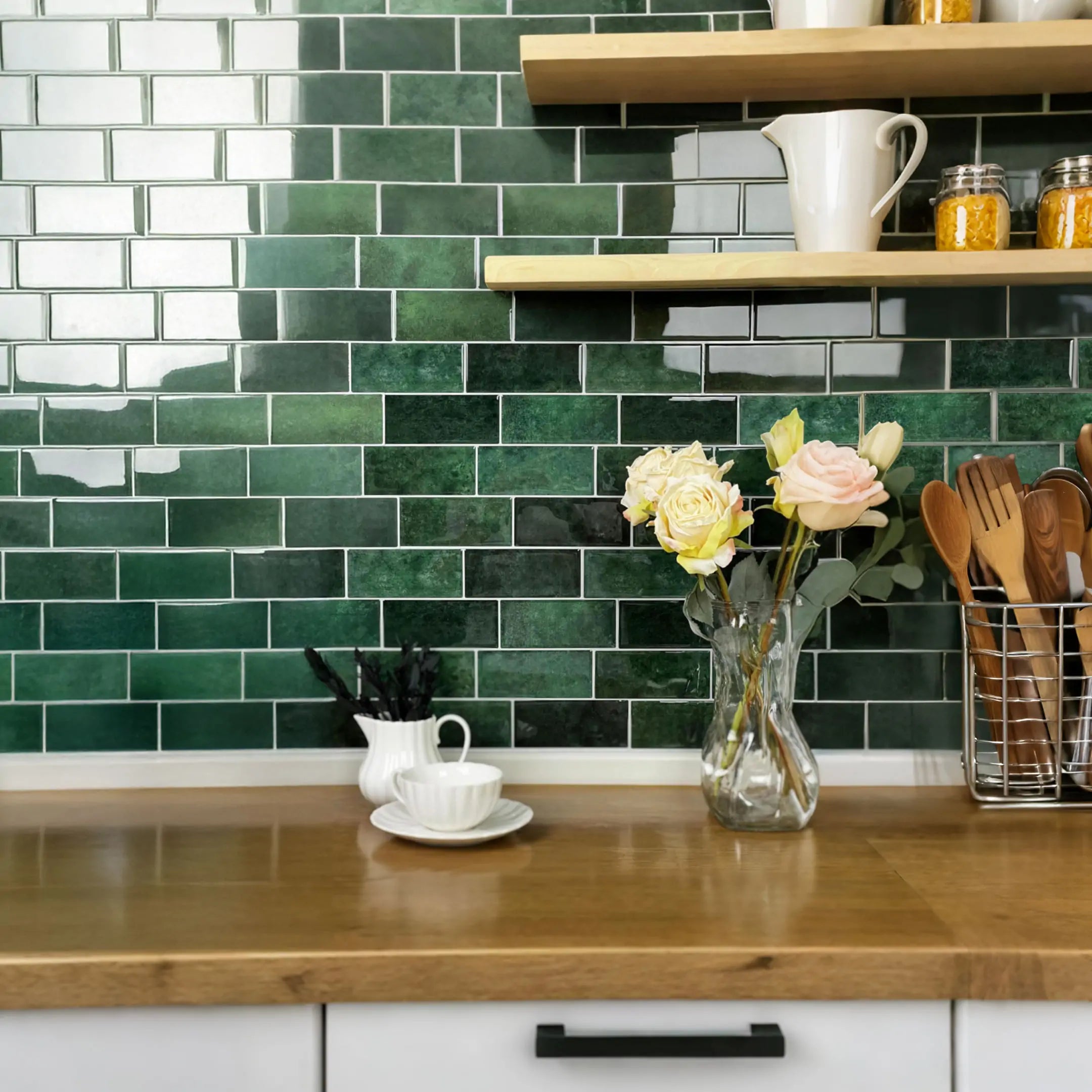 Stickwoll Peel and Stick Subway Wall Tiles series in a lived-in modern American kitchen; featuring Leafy Dreams Tiles on the wall, styled with a set of cups, a rose-filled vase, and kitchen accessories for a warm and functional decor